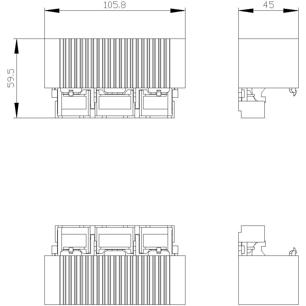 Technical drawing of a component with dimensions: Width 105.8 mm, Height 59.5 mm, Depth 45 mm. Shows front, side, and top views.