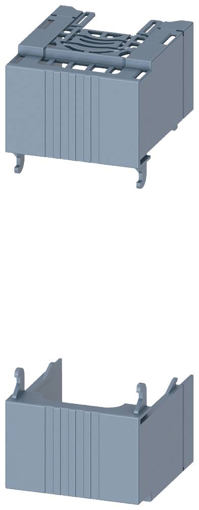 Two grey plastic mountings from different perspectives. The upper one shows a closed structure, the lower one displays an open structure with side tabs.