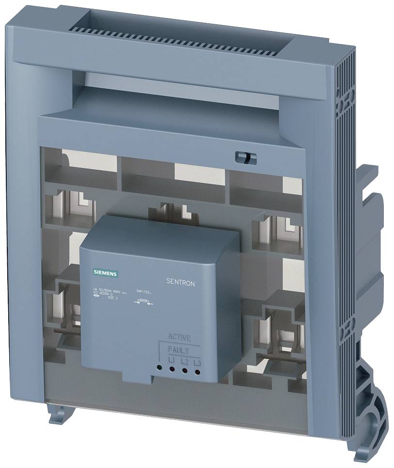 A blue industrial switchboard with the 'Siemens' logo and 'Sentron' inscription. It features various connections and indicators.