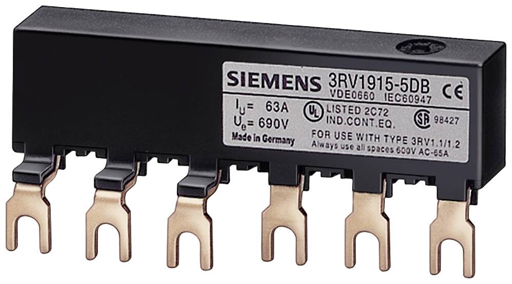A black Siemens power circuit breaker module with six copper terminals, marked with '3RV1915-5DB'.