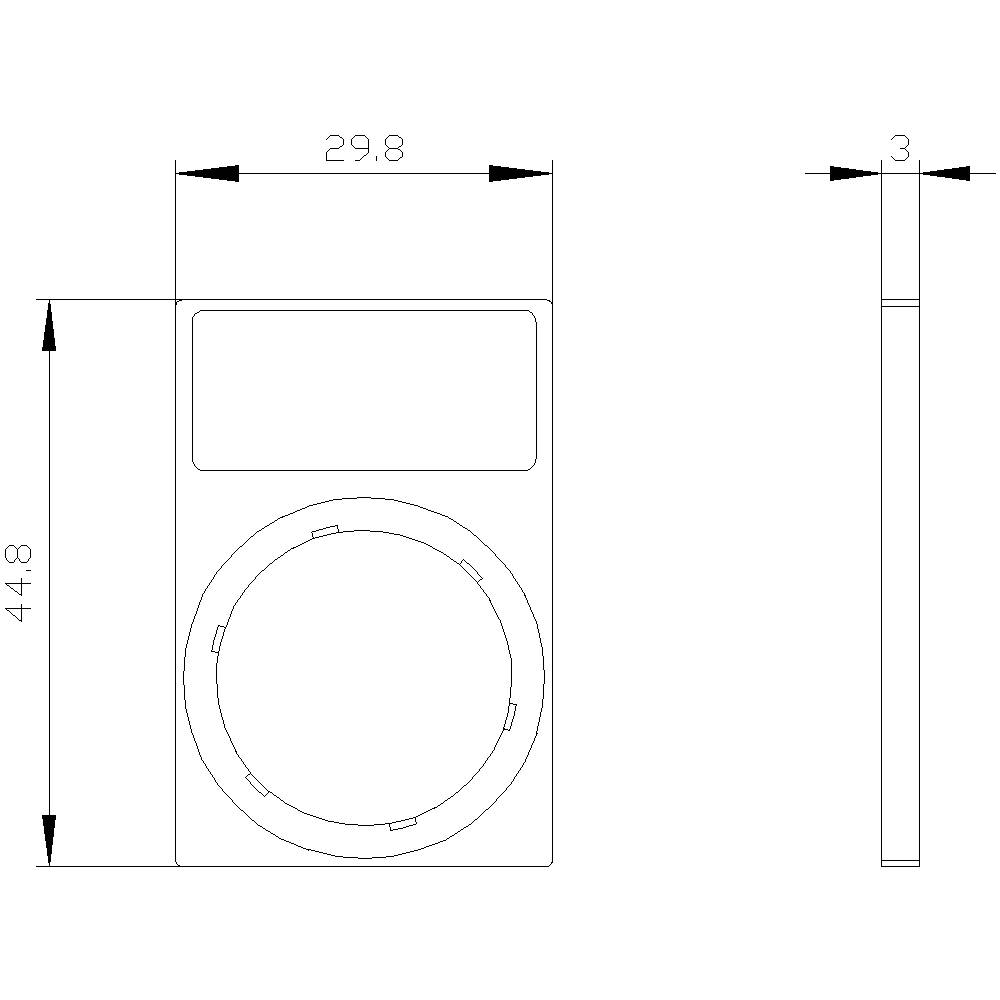 Technical drawing of a rectangular device with dimensions: width 29.8 mm, height 44.8 mm, depth 3 mm. Front view shows a display at the top and a circular area at the bottom.