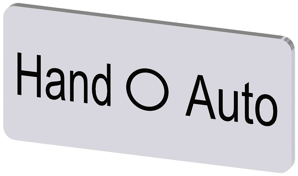 Sign text: 'Hand Auto'. 'Hand' on the left, 'Auto' on the right, with a circle in the middle. Possible setting for a machine.