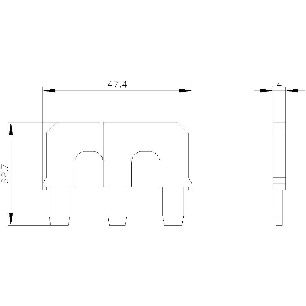 Technical drawing of a component with two views: Front view with dimensions 47.4 x 32.7 mm and side view 4 mm thick.