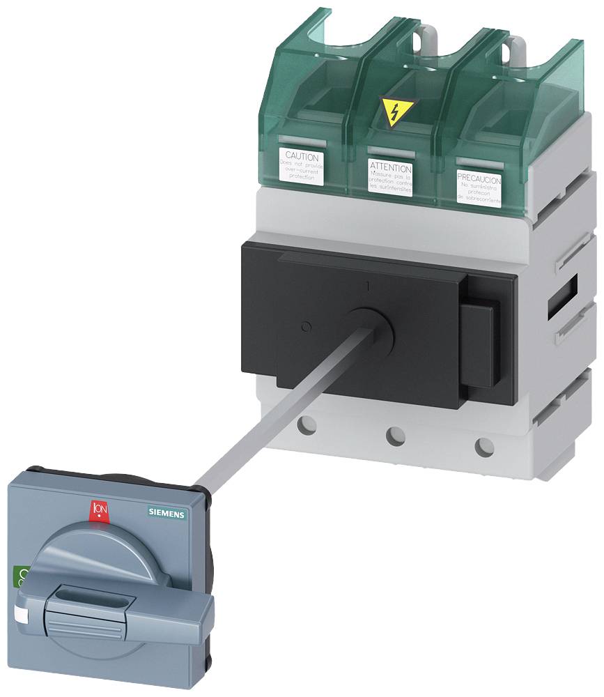 'Last isolator with three green fuse caps and a switching handle; caps bear warning notices in English and French.'