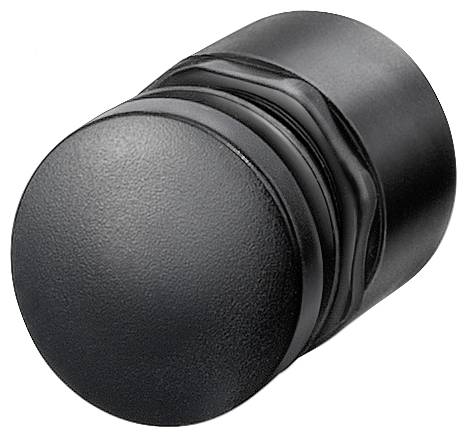 A black, cylindrical rubber buffer with a flat top surface and ribbed sides, likely designed to dampen impacts or vibrations.
