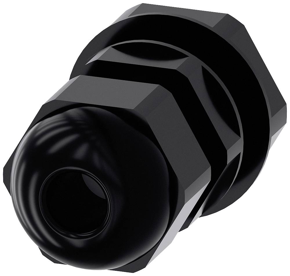 A black plastic cable gland in close-up, showing the thread and seal for secure cable attachment.