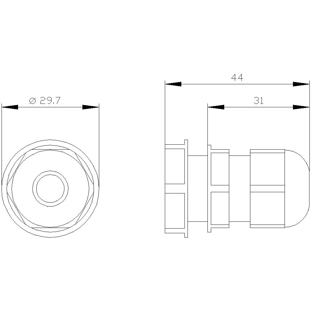 'Technical drawing of a cylindrical part. Left: Diameter 29.7. Right: Length 44, subdivision at 31.'