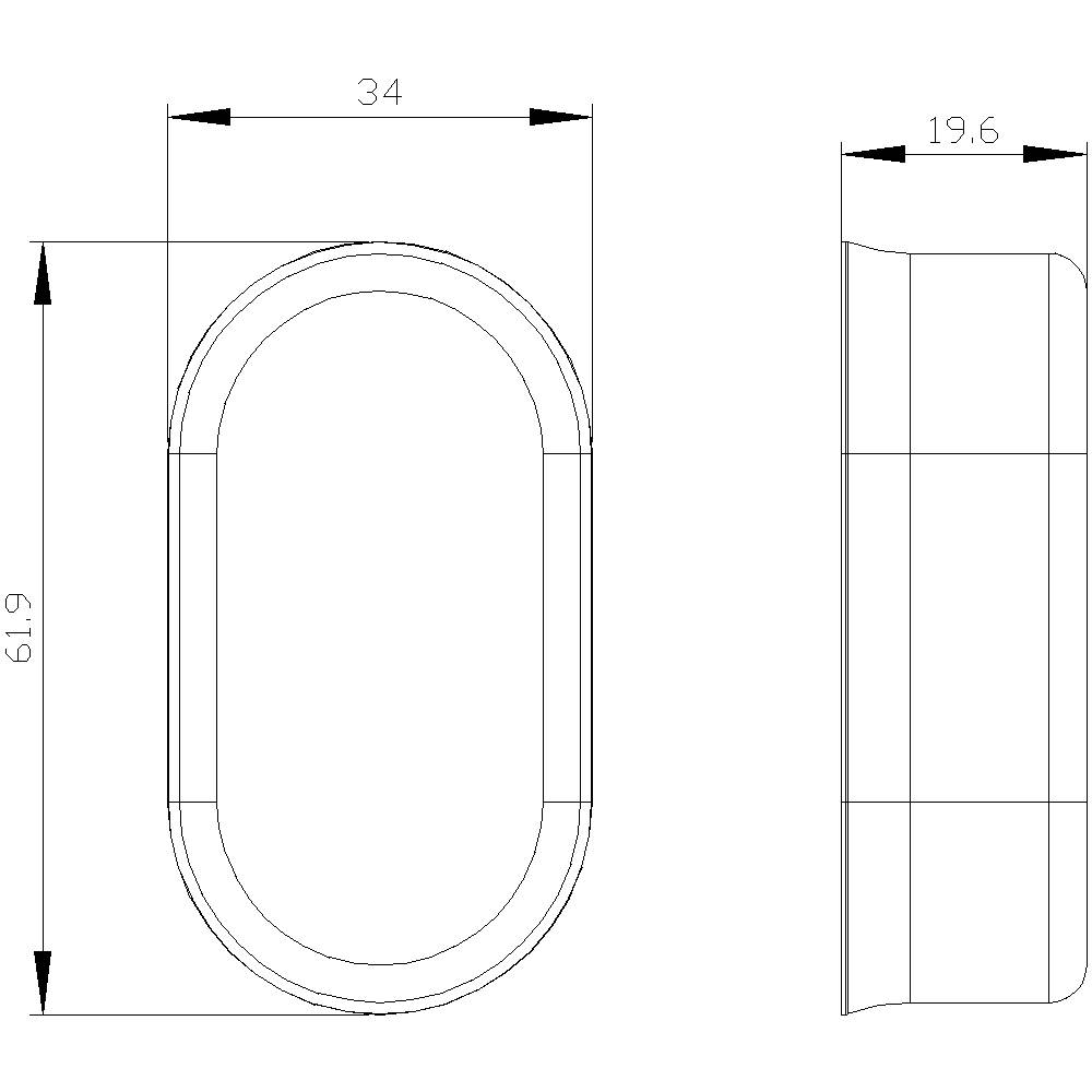 Technical drawing of an oval object. Dimensions: Height 61.9 mm, Width 34 mm, Depth 19.6 mm. Top view and side view shown.