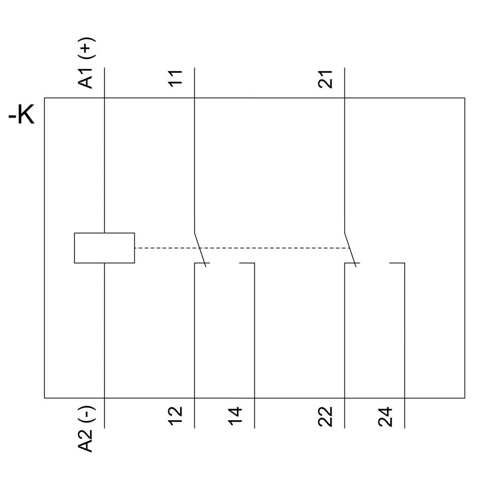 A circuit diagram shows a relay with coil terminals A1 (+) and A2 (-), and contact terminals 11, 12, 14, 21, 22, and 24.