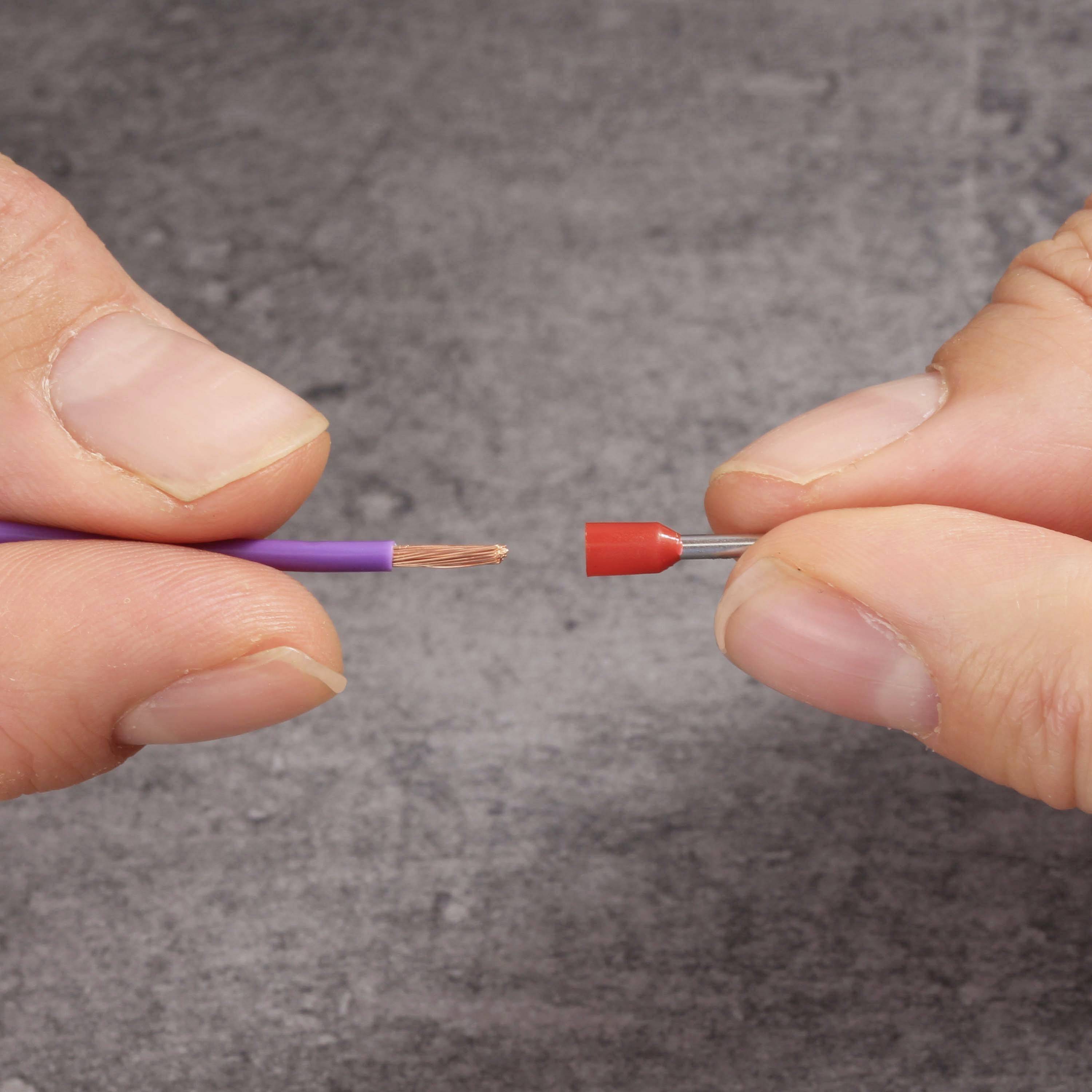 Two hands are holding a purple copper cable and a red cable end ferrule, ready for connection. Focus on cable connection preparation.