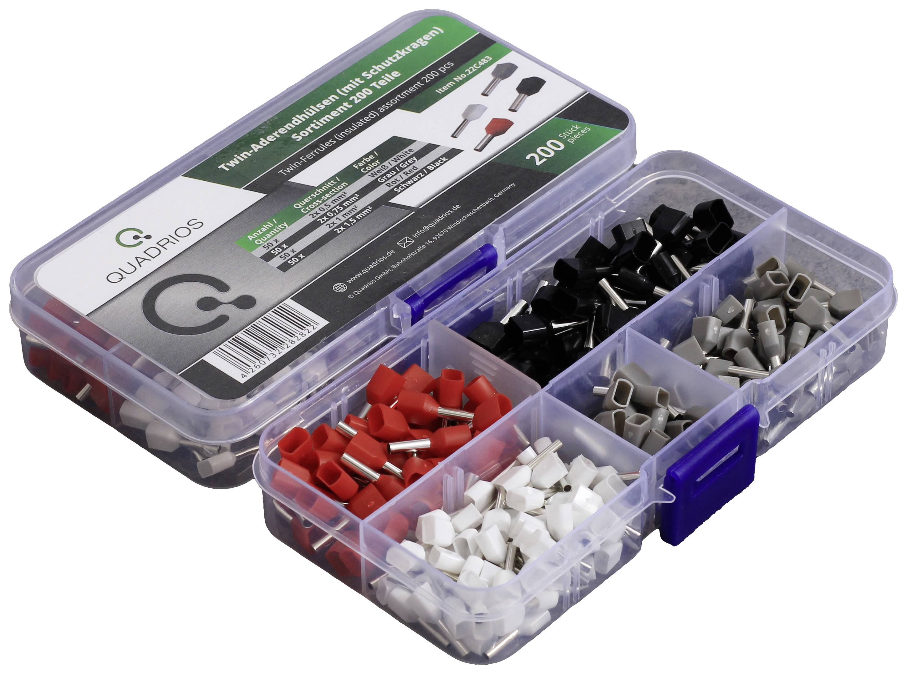 An open box containing various wire end ferrules in red, black, white, and grey. Labelling shows size specifications and quantity.