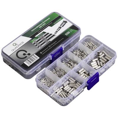 Plastic box with a hinged lid, filled with metal pins in various sizes. Sticker shows details of pin size and quantity (500 pieces).
