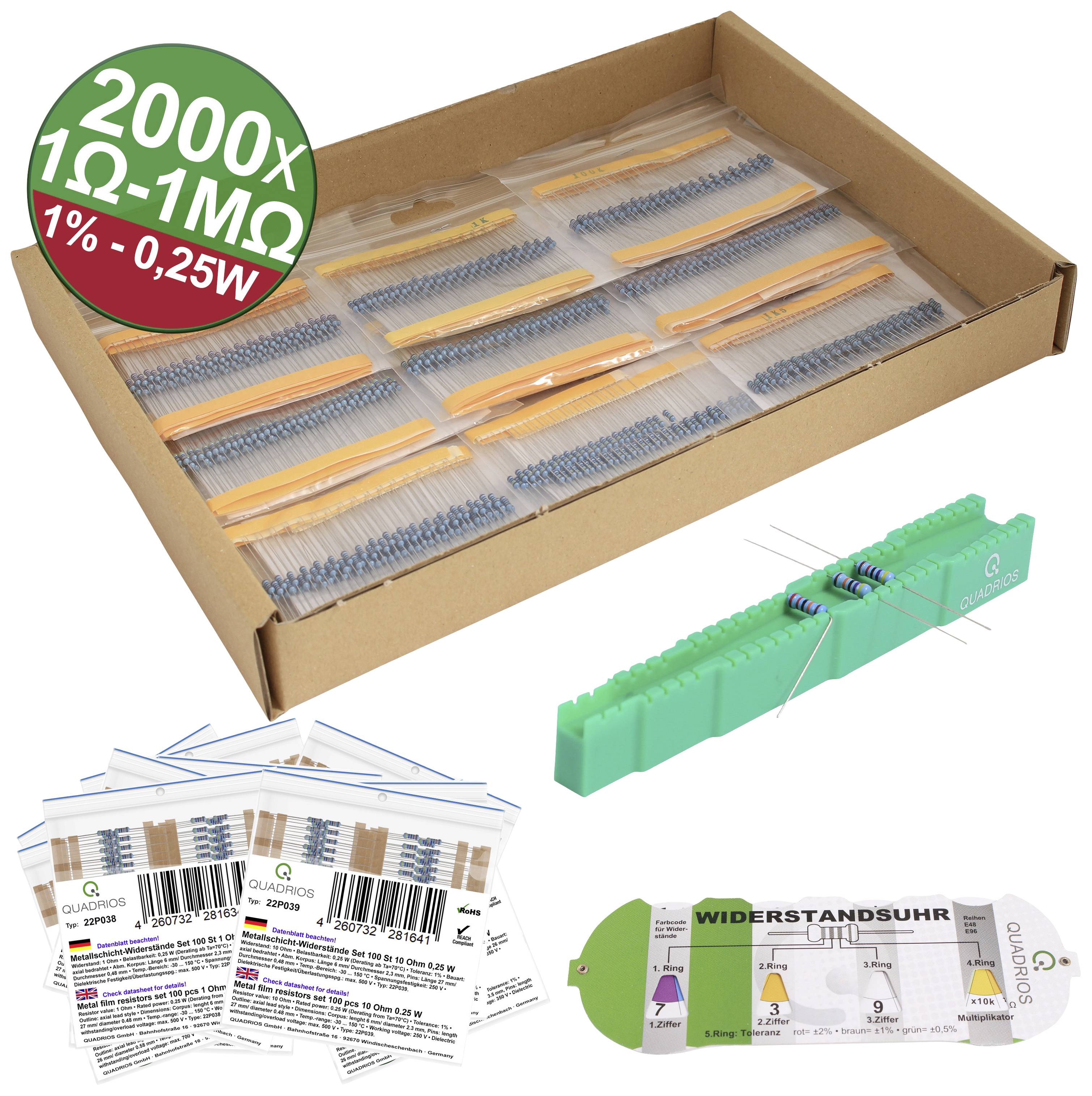 A box with various resistors, accompanying resistance strips, and a green resistance meter for measuring resistance.