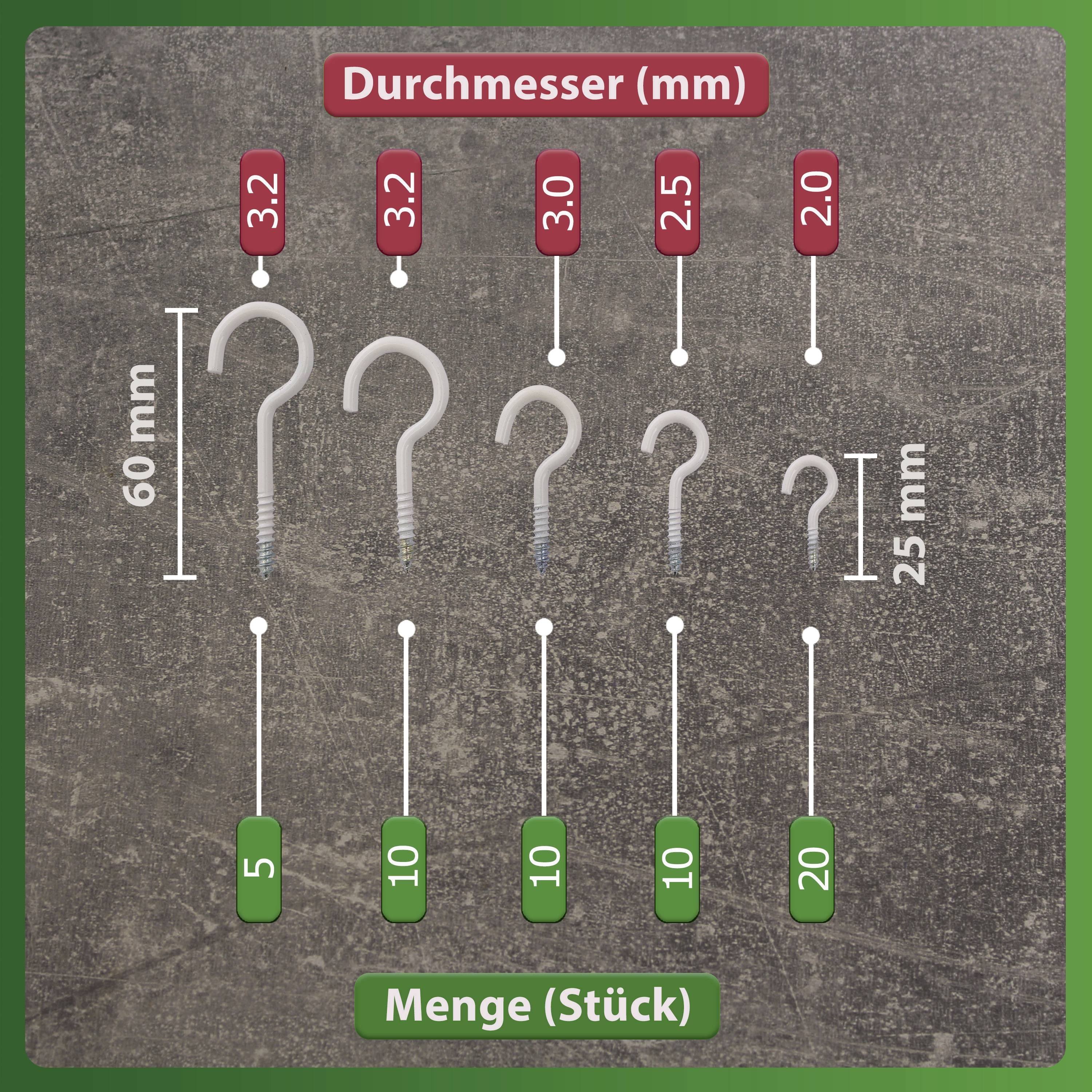 Five hooks in different sizes with diameters ranging from 3.2 mm to 2.0 mm and quantities of 5 to 20 pieces.