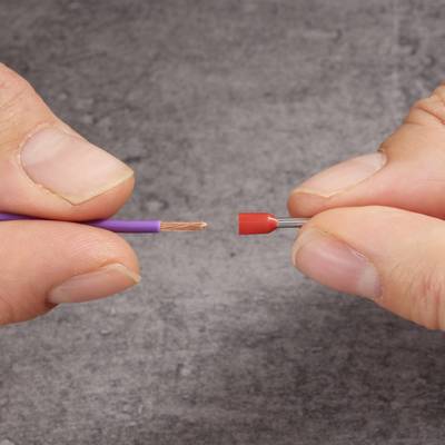 A hand holds a purple, stripped cable end, while the other holds a red cable connector, ready to crimp against a grey background.