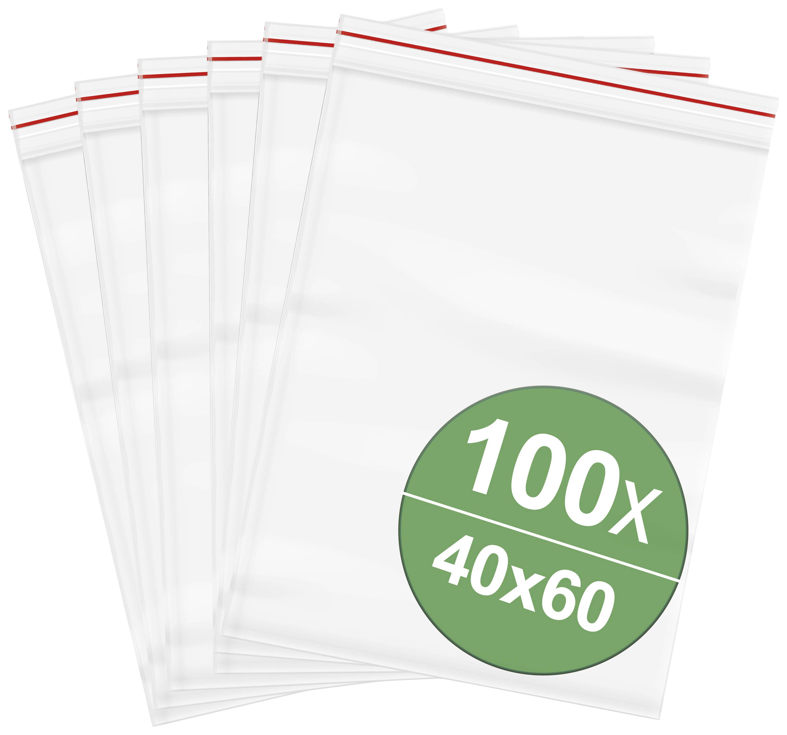 Six transparent resealable bags with a red stripe and green circular print '100x 40x60'.