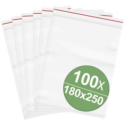 Clear view bags with red printed strips, 100 pieces, dimensions 180x250 mm.