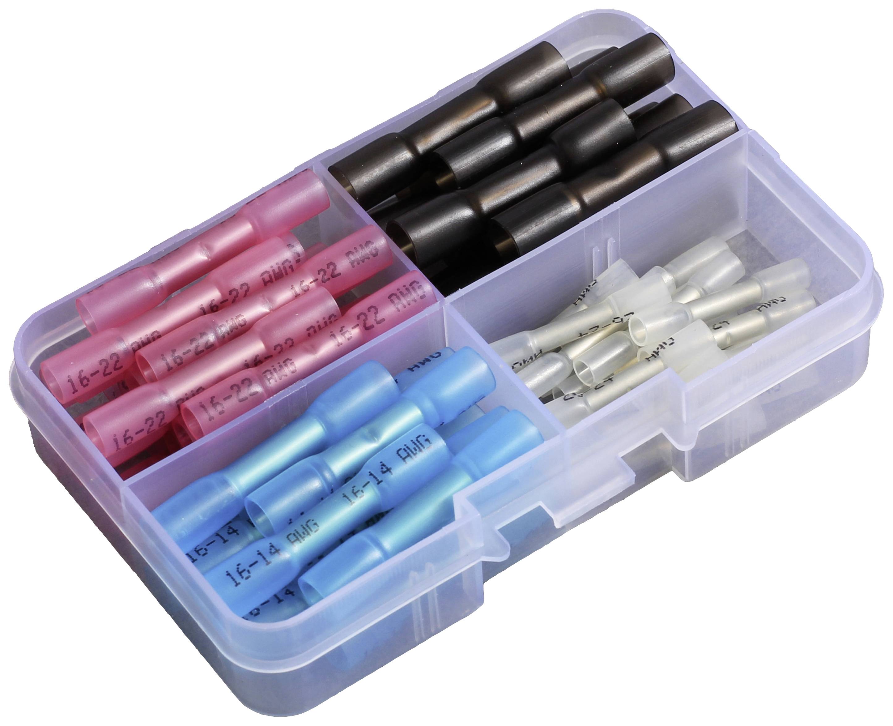 Sorted box with multi-coloured cable connectors: red, blue, black and white. Perfect for separating and organising cables.