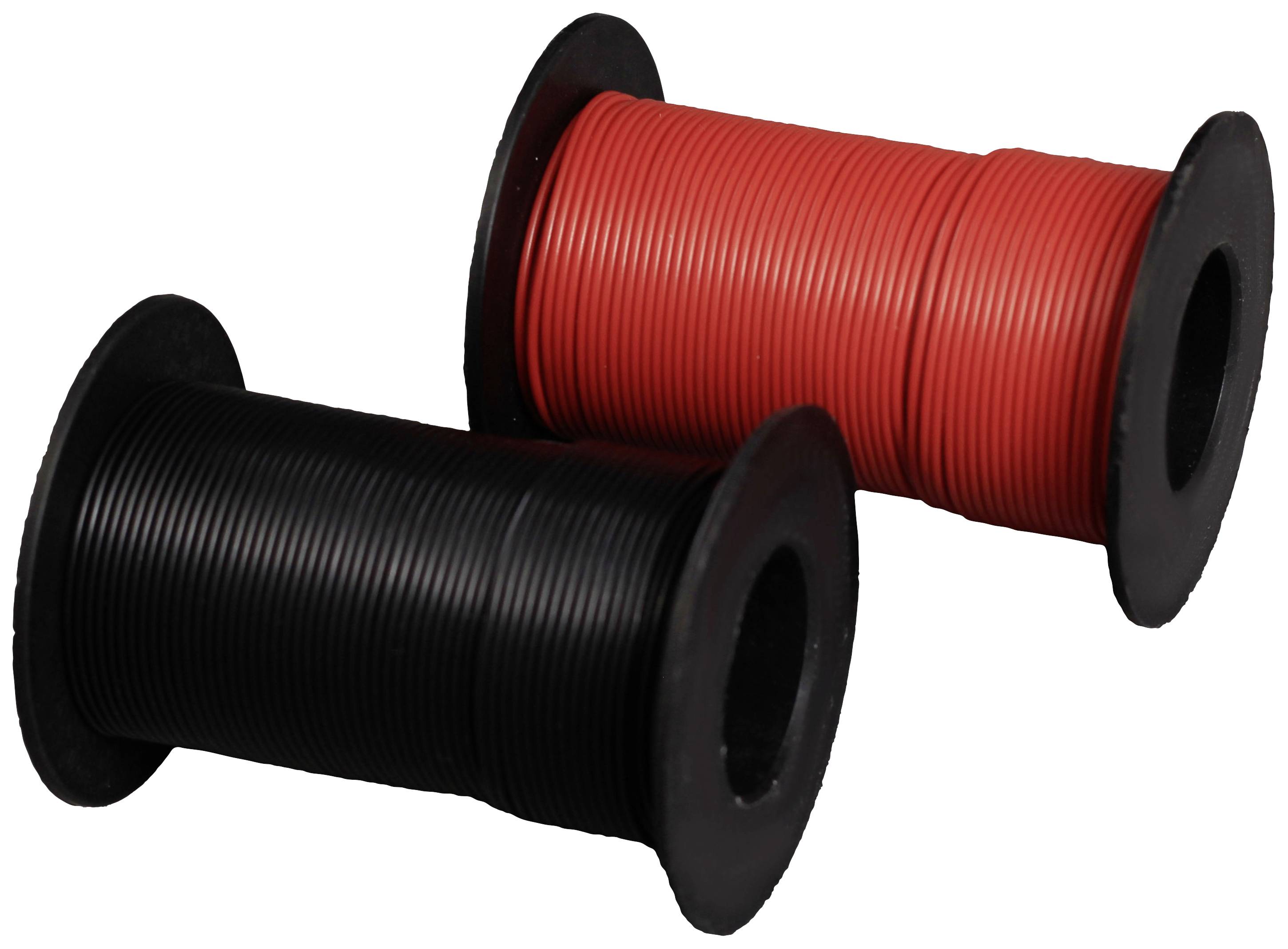 Two reels of wire, one black and one red. They are lying side by side and are wound onto black spools.