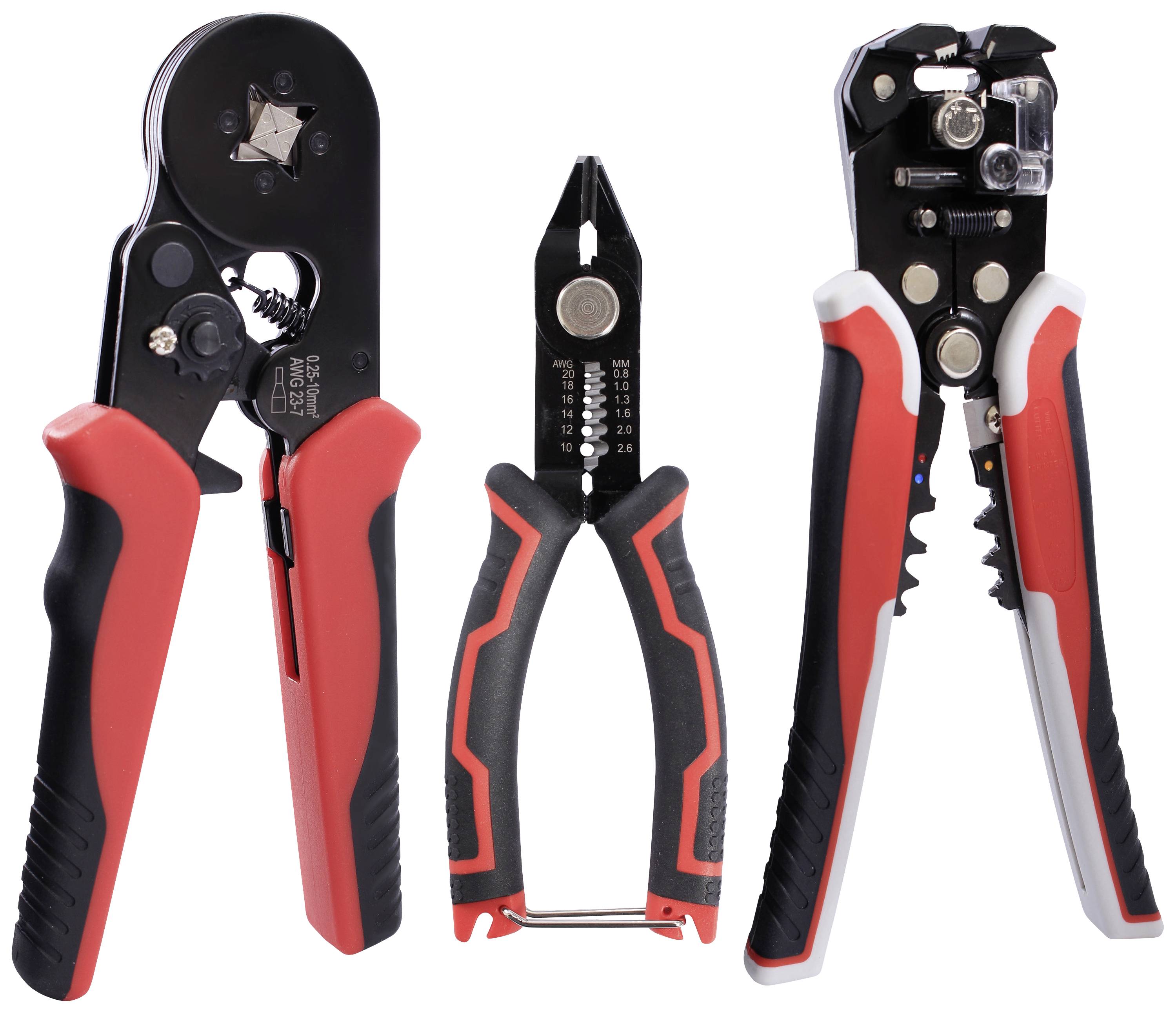 Three hand tools: a cable cutter, a pair of pliers, and a wire stripping tool. They have red and black handles.