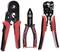 Three hand tools: a cable cutter, a pair of pliers, and a wire stripping tool. They have red and black handles.