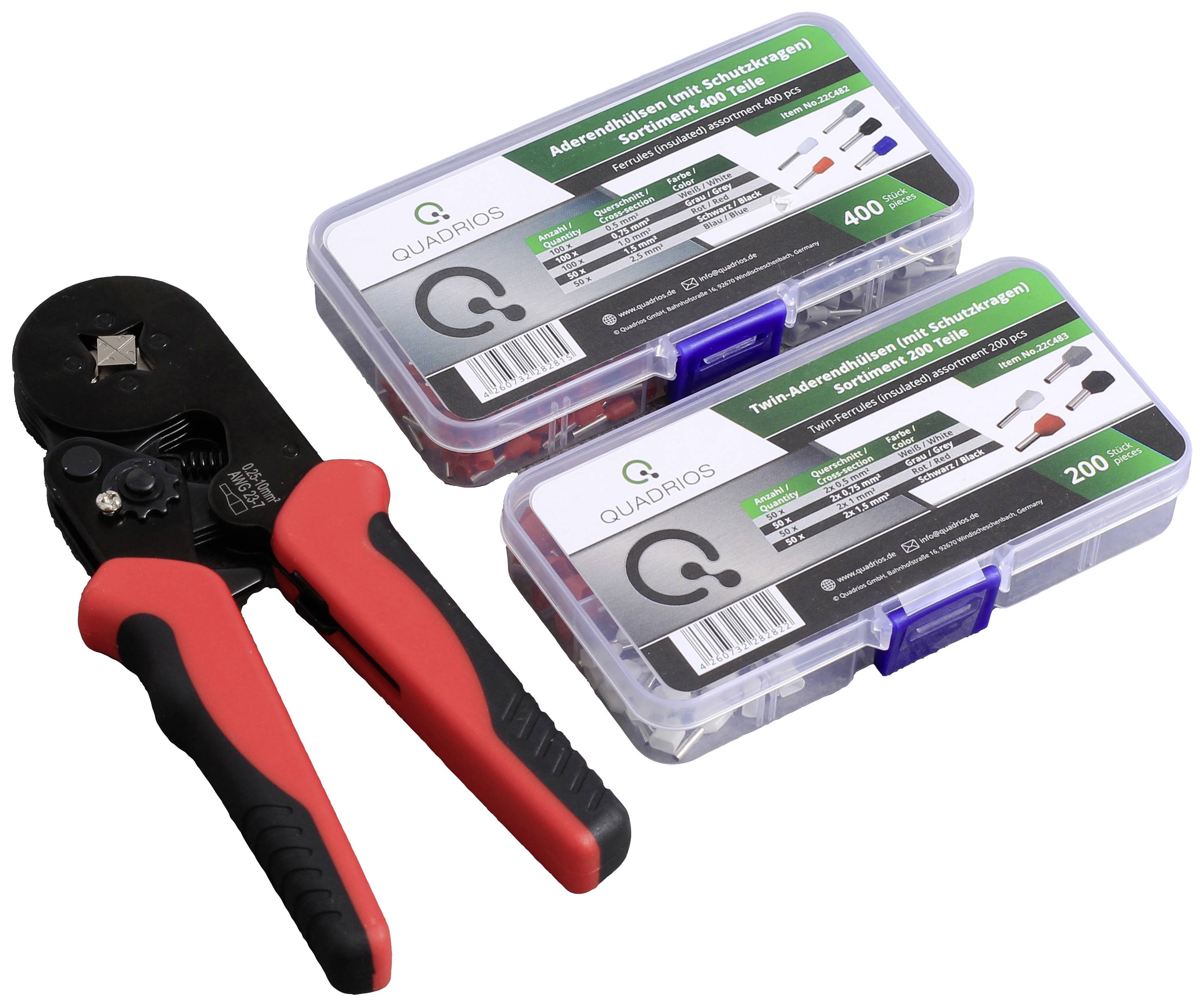 Crimping pliers with two plastic boxes containing cable connectors of various sizes and colours.