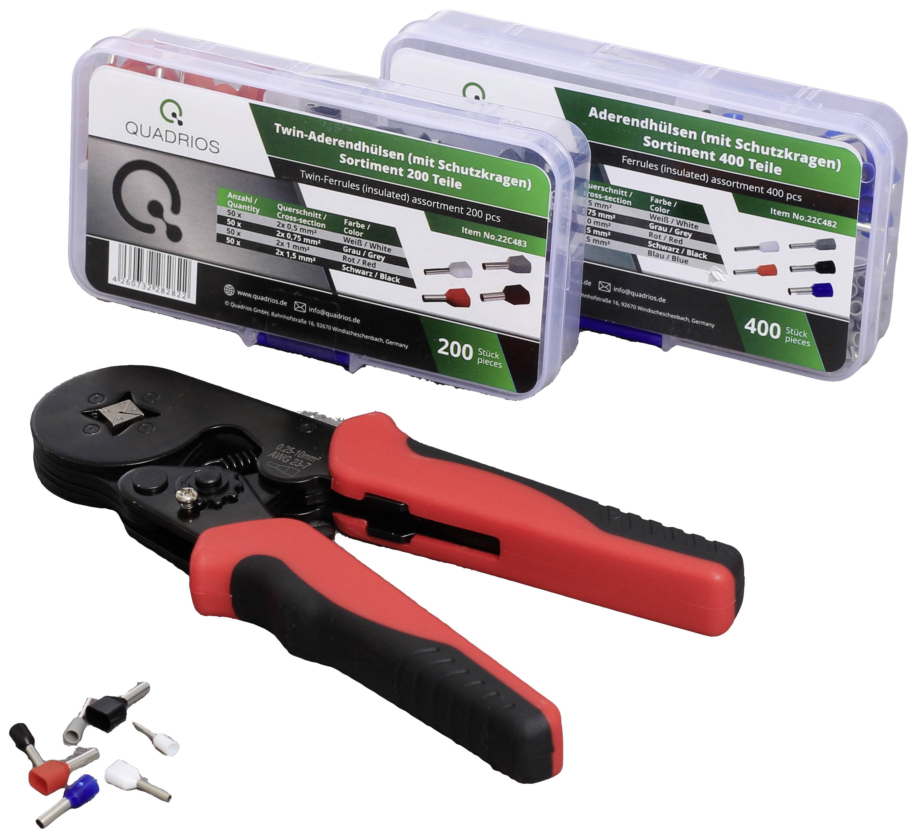 Pliers with red handles in front of two plastic boxes labelled 'Cable Ferrule Assortment'. Various cable ferrules beside them.