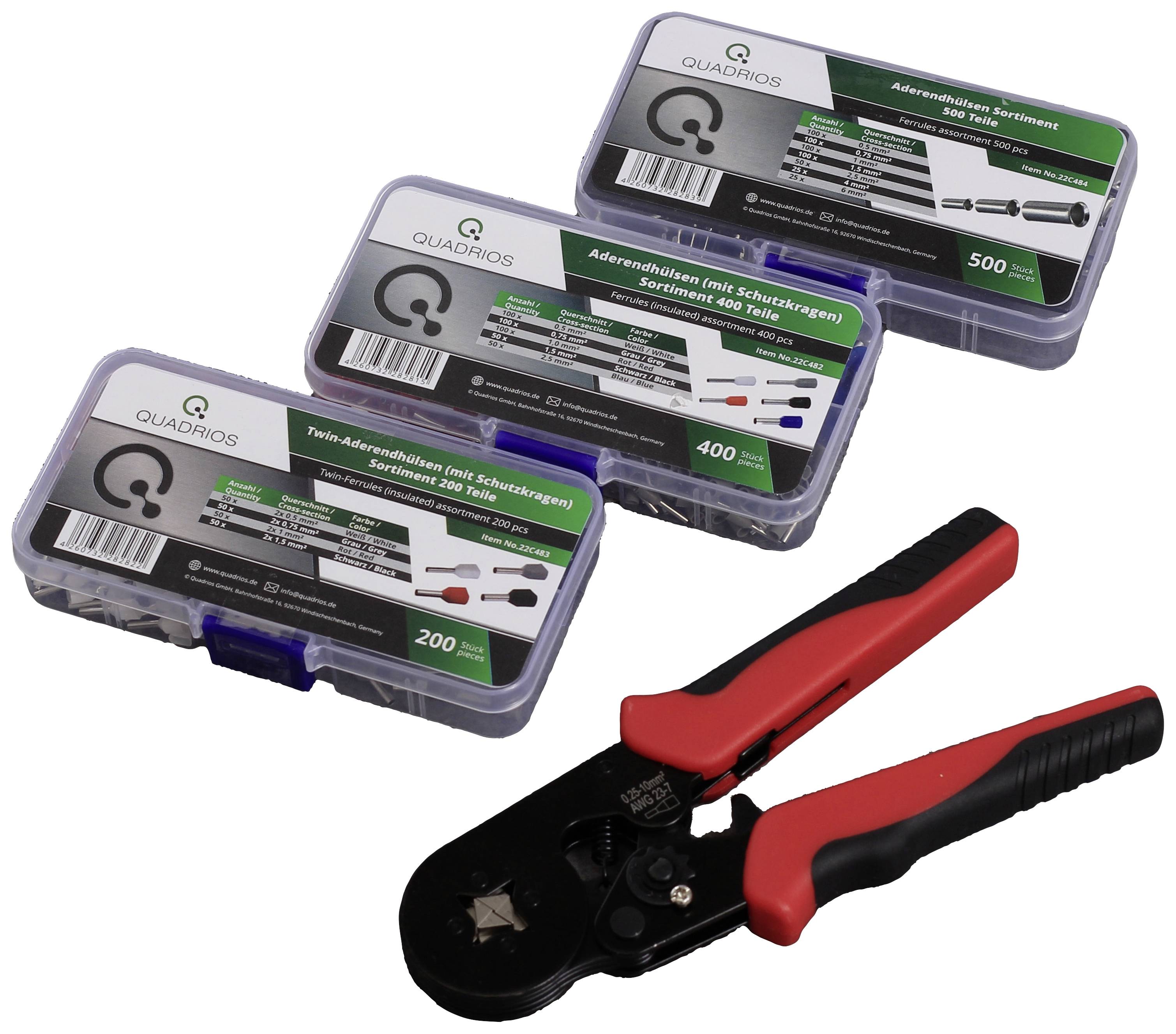 Three boxes of cable end ferrules in various sizes and colours; in front, a red and black crimping pliers.