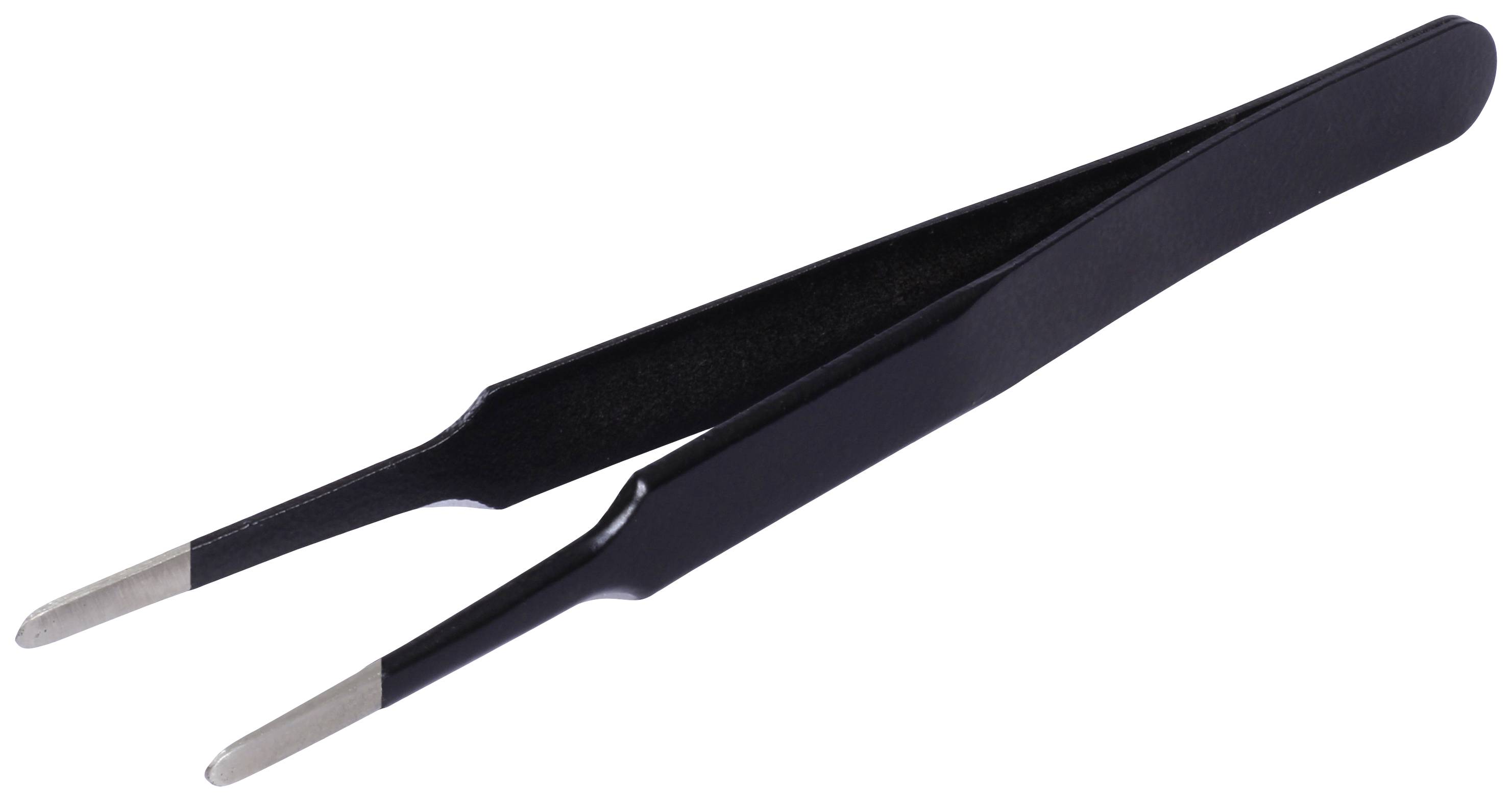 A black pair of tweezers with fine tips is lying on a white background. It is slightly open.