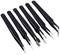 Six black precision tweezers with different tip shapes, suitable for fine work and model making.