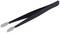 A black pair of tweezers with flat, silver tips, used for precisely grasping small objects.
