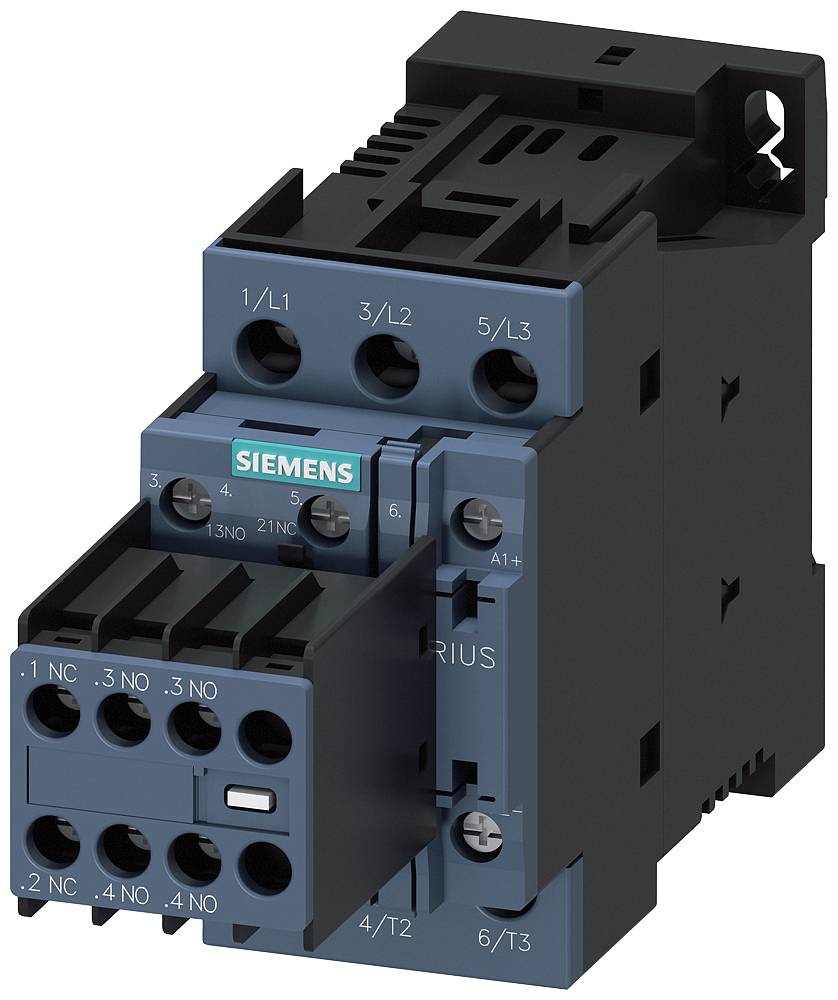 A blue-black electric protective device by Siemens, with multiple connections and model name 'SIRIUS'.