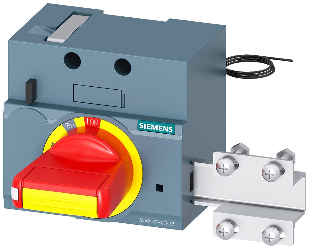 A Siemens switch with a red rotary handle and yellow background, labelled 'ON' and 'TRIP', with a metal mounting bracket beside it.