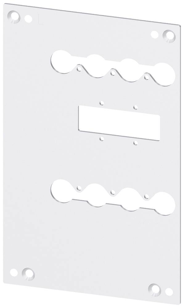 Metal plate with drilled holes and recesses, possibly for fixing or mounting purposes, on a light background.