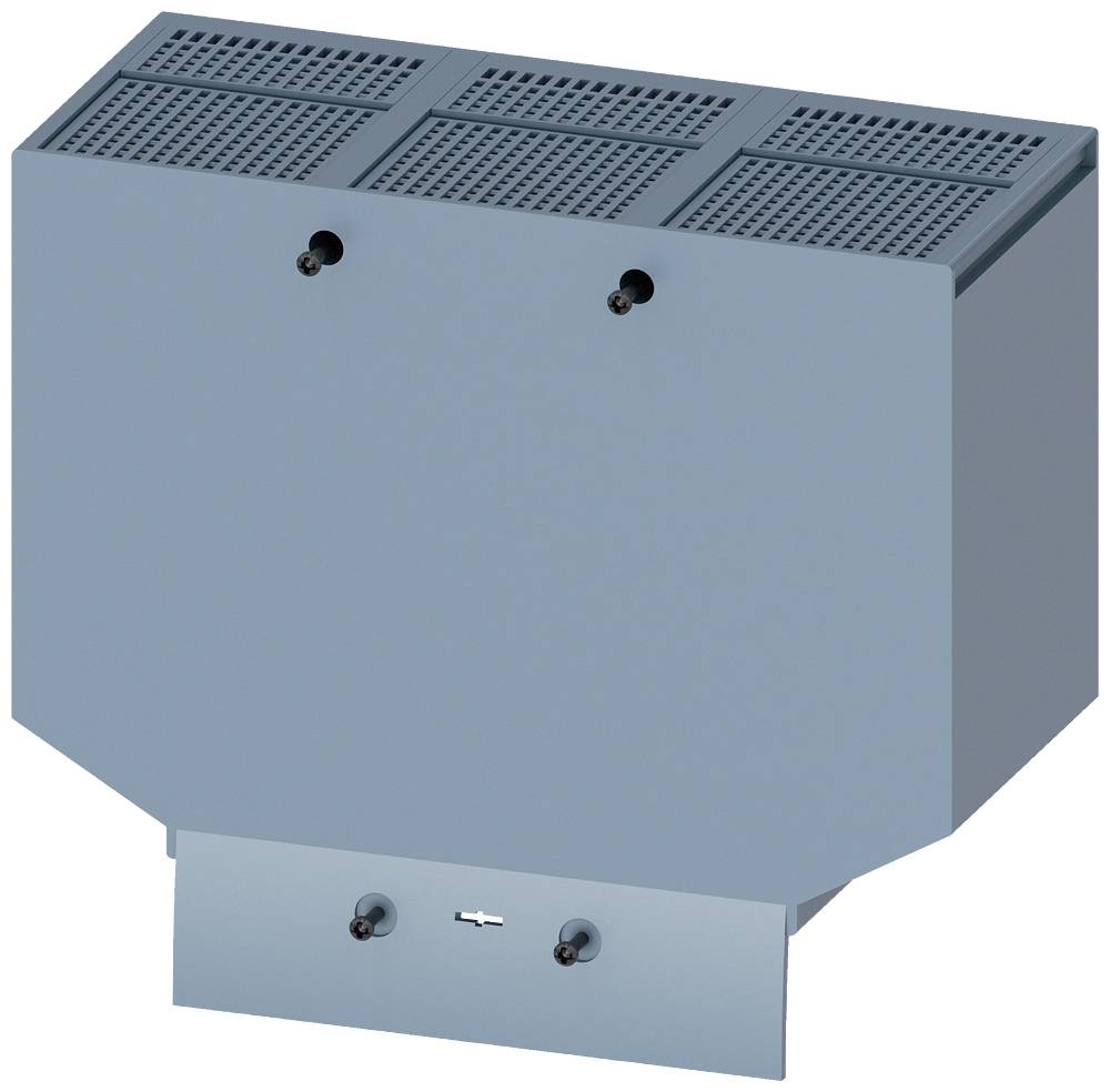 A rectangular, grey metal box with ventilation slots at the top and two protruding bolts on the front.