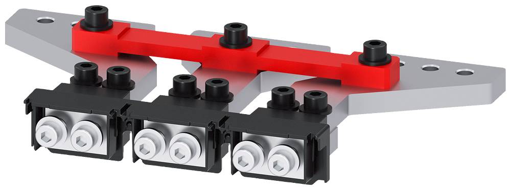 Metal rail with three black mounting brackets and a red transverse element. Primary component for industrial applications.