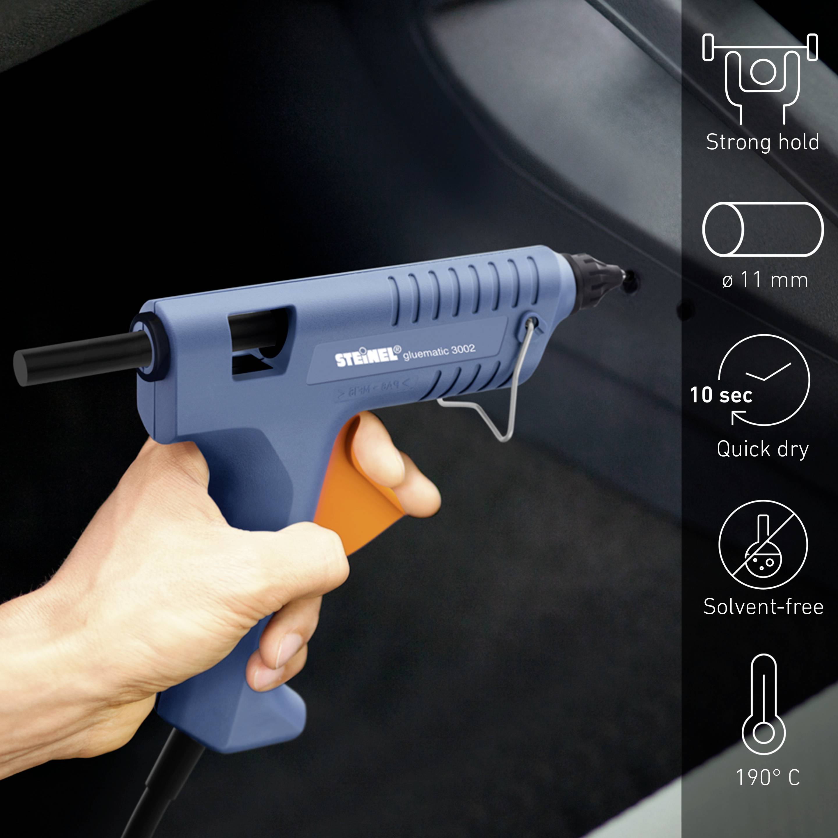 A person is holding a blue hot glue gun. Text on the right reads: 'Strong hold, 11 mm, 10 sec quick drying, solvent-free, 190°C'.