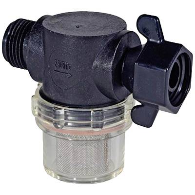 A black water filter with a transparent housing and threaded connection. Used for filtering contaminants in water systems.