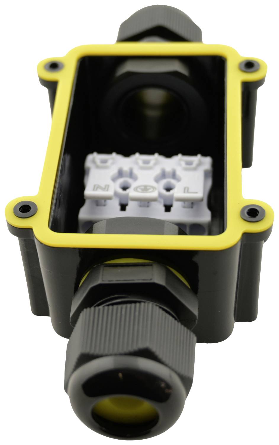 Electric socket with black casing and yellow border. Inside are connections marked 'N', 'Earth', 'L'.