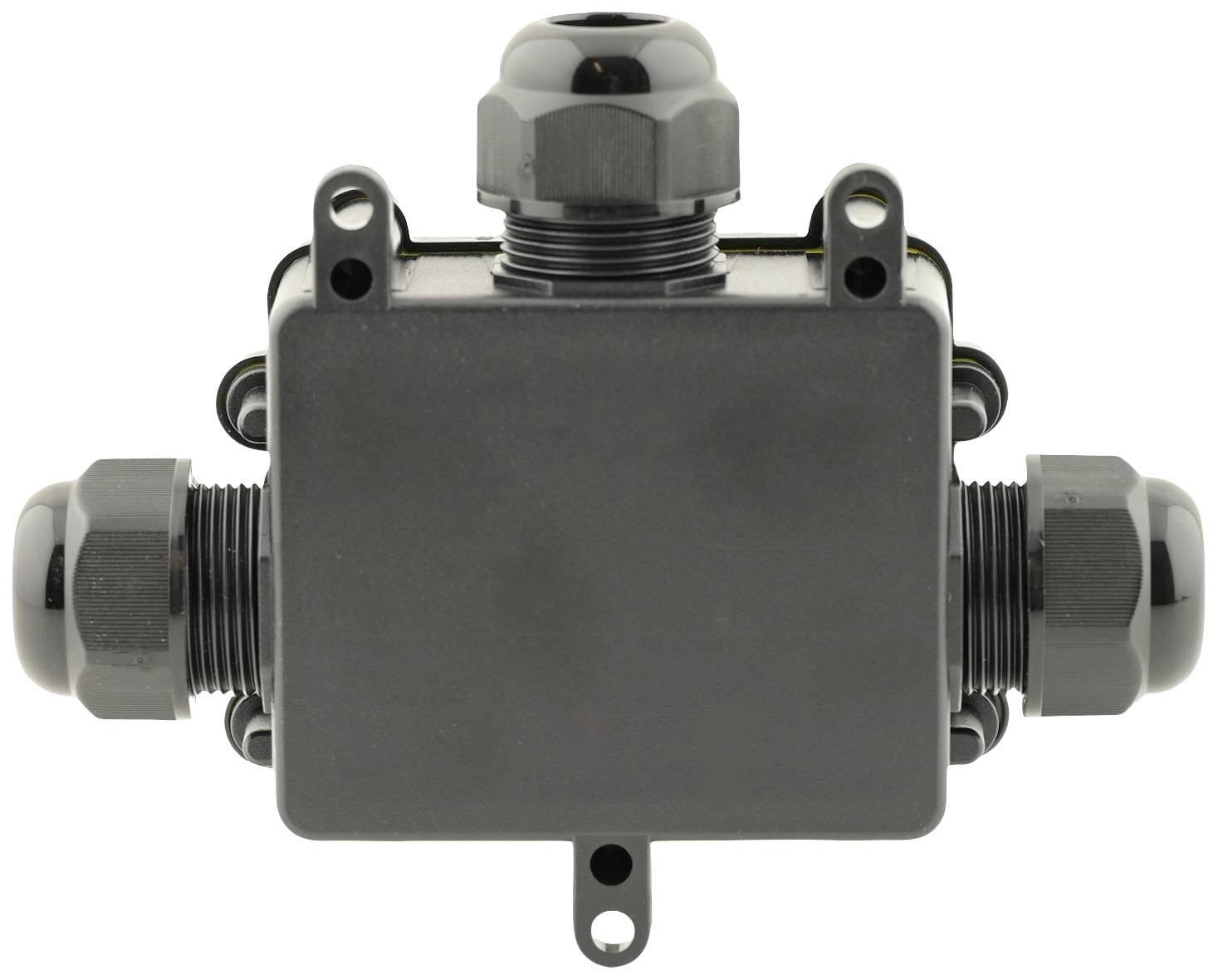 Electrical distribution box made of black plastic with three cable entries, suitable for robust outdoor applications.