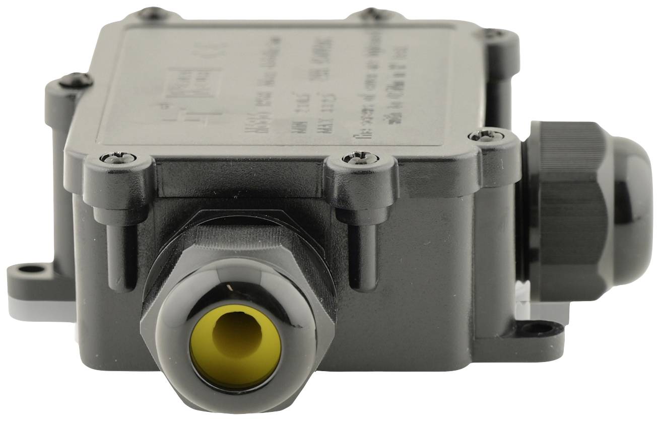 A grey, rectangular plastic enclosure with a screw-on lid and cable entry points. Used for secure cable connection.