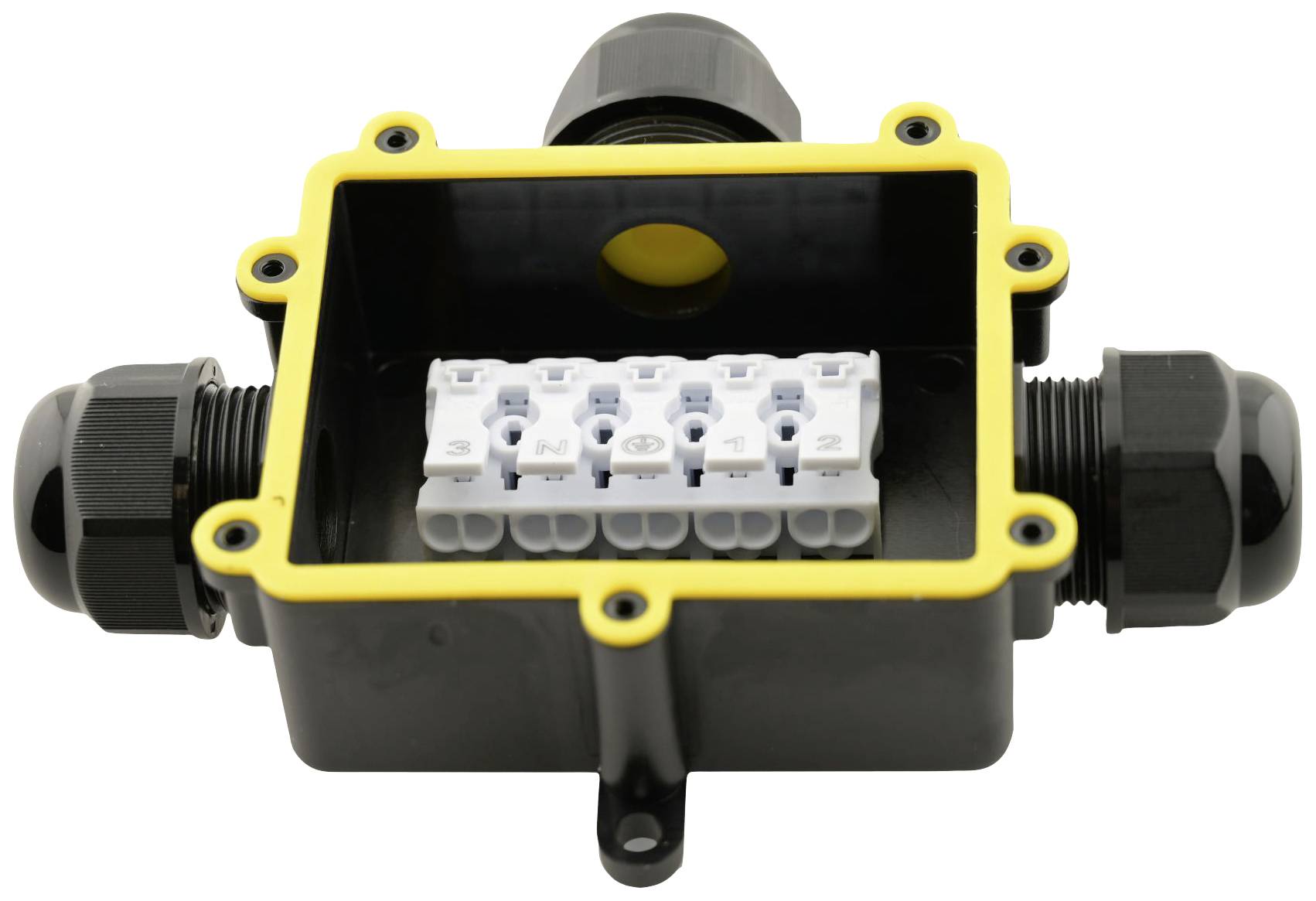 A black junction box with a yellow border, containing a white terminal block. It has three cable glands and is open.