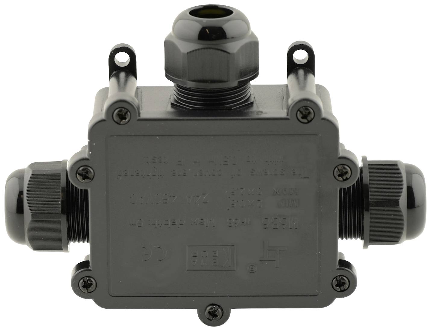 Black cable connector box with three cable glands, used for secure connection and distribution of electrical cables.