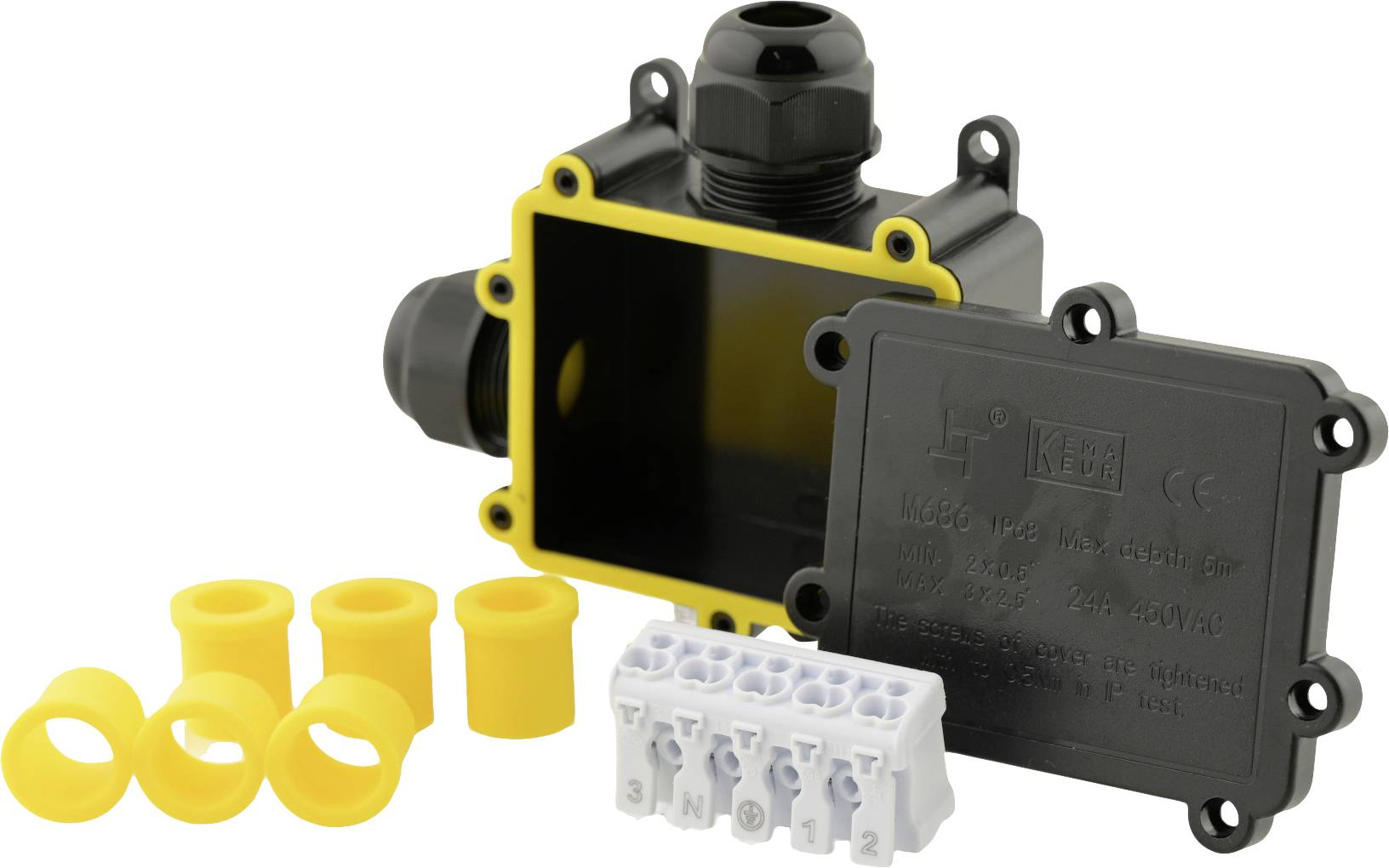 Black plastic distribution box with removable lid, yellow cable entries, and white terminal block.