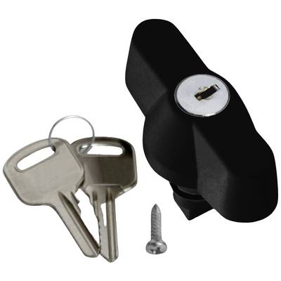 Black door lock with two keys and a screw beside it.