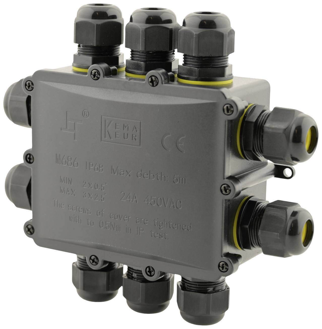 A grey, square electrical junction box with multiple cable glands. Label reads: 'KEMA KEUR M686 IP68'.