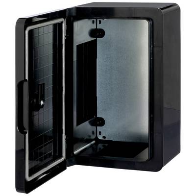 A black, open metal wall cabinet with an empty interior and a grid-like structure on the inside of the door.