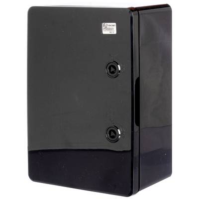 A black, wall-mounted metal cabinet with two small bolts on the front.