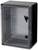 Black, rectangular cabinet with a transparent, hinged door and a diagonal lattice structure. Contains no visible contents inside.