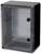 Black wall-mounted cabinet with a clear, lockable door and internal mesh side walls, suitable for protection and storage.